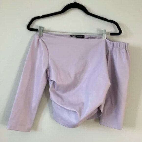 Zara Faux Leather One Shoulder 3/4 Sleeve Cropped Top  - Size Small in Lilac - Picture 5 of 7
